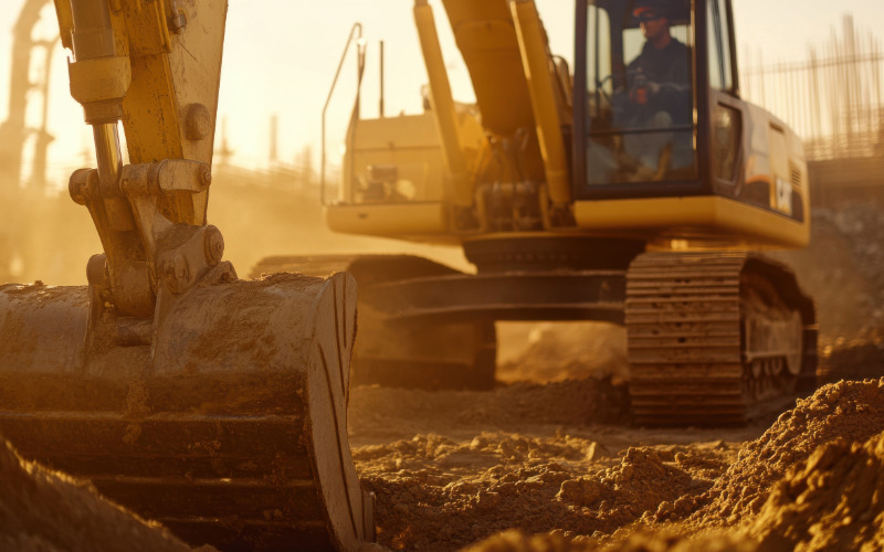 Excavator operating on a dusty construction site.